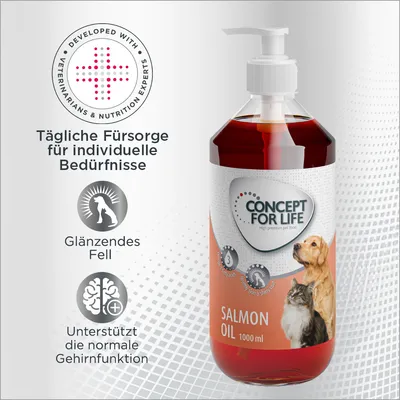 Concept for Life Lachsöl 1000ml. Unterstützt glänzendes Fell und normale Gehirnfunktion. Entwickelt mit Tierärzten und Ernährungsexperten. Tägliche Fürsorge für individuelle Bedürfnisse.
