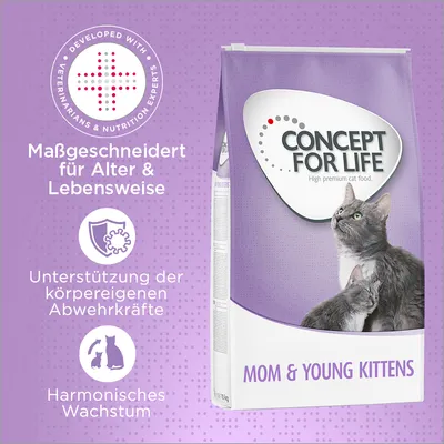 Concept for Life Mom & Young Kittens. Maßgeschneidert für Alter & Lebensweise, Unterstützung der körpereigenen Abwehrkräfte, harmonisches Wachstum. Entwickelt mit Tierärzten und Ernährungsexperten.