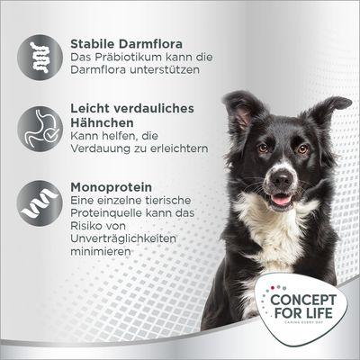 Stabile Darmflora durch Präbiotikum, leicht verdauliches Hähnchen zur Unterstützung der Verdauung, Monoprotein minimiert Unverträglichkeiten. Concept for Life Logo sichtbar.