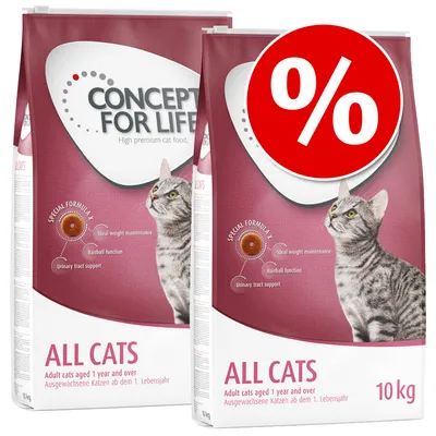 Concept for Life All Cats, суха храна за възрастни котки над 1 година, опаковка 10 кг, специална формула: поддържане на теглото, контрол на космените топки, подкрепа на уринарния тракт.
