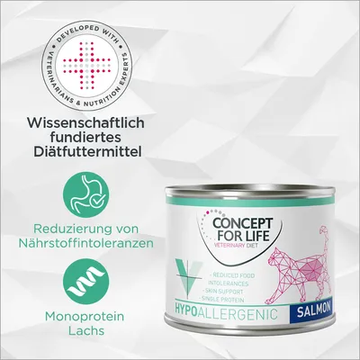 Concept for Life Veterinary Diet Hypoallergenic Lachs. Wissenschaftlich fundiertes Diätfuttermittel zur Reduzierung von Nährstoffintoleranzen, Monoprotein Lachs. Concept for Life Veterinary Diet Hypoallergenic Lachs. Wissenschaftlich fundiertes Diätfuttermittel zur Reduzierung von Nährstoffintoleranzen, Monoprotein Lachs.