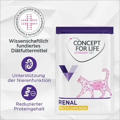 Concept for Life Veterinary Diet Renal mit Huhn. Wissenschaftlich fundiertes Diätfuttermittel, unterstützt Nierenfunktion, reduzierter Proteingehalt.