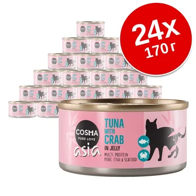 24 банки по 170 г Cosma Asia Tuna with Crab in Jelly. На упаковке: силуэт кошки, надписи на английском, изображение рыбы и краба.