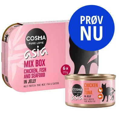 COSMA PURE LOVE asia MIX BOX CHICKEN, FISH AND SEAFOOD IN JELLY 6×170g. Dåse: CHICKEN WITH TUNA IN JELLY. Prøv nu-mærke synligt.