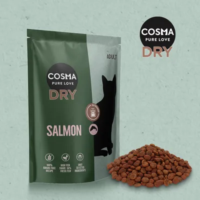 Cosma Pure Love Dry Adult cat food with salmon, 100% grain-free recipe, high fish content: 50% fresh fish, only selected ingredients.