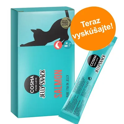 COSMA PURE LOVE JELLY SNACK SALMON, balenie 8×14 g, nápis Teraz vyskúšajte!, Grain Free Recipe, Pure Fish in Jelly, tyčinka a krabička na obrázku.