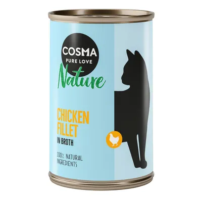 Cosma Nature peito de frango em caldo, 100% ingredientes naturais. Lata com silhueta de gato preto e fundo azul.