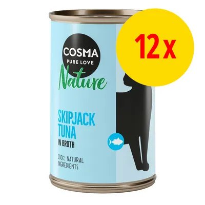 COSMA Pure Love Nature Skipjack Tuna in Broth, 100% natural ingredients. Keltainen ympyrä: 12 x