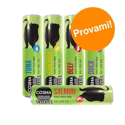 Cosma Pure Love Snackies per gatti, tubi con scritte: TUNA, CHICKEN, BEEF, DUCK, SALMON. Testo arancione: Provami!