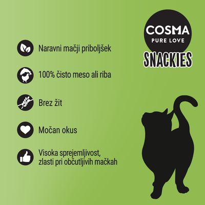 COSMA PURE LOVE SNACKIES. Naravni mačji priboljšek, 100 % čisto meso ali riba, brez žit, močan okus, visoka sprejemljivost, zlasti pri občutljivih mačkah.