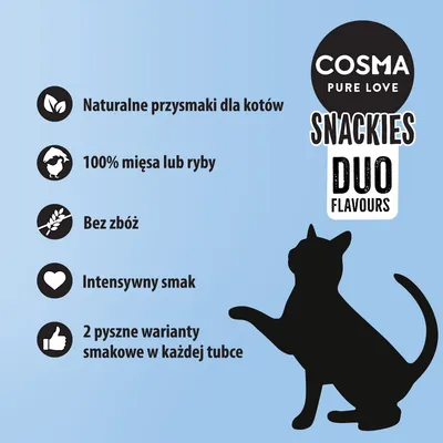 COSMA PURE LOVE SNACKIES DUO FLAVOURS. Naturalne przysmaki dla kotów, 100% mięsa lub ryby, bez zbóż, intensywny smak, 2 pyszne warianty smakowe w każdej tubce.
