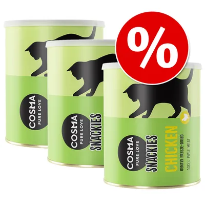 Lot de 3 boîtes Cosma Pure Love Snackies Chicken, texte visible : Gently freeze-dried, 100 % pure meat, avec symbole pourcentage rouge indiquant une offre ou promotion.