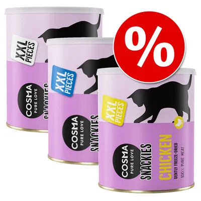 Three cans labelled XXL pieces, Cosma Pure Love Snackies Chicken, gently freeze-dried, 100% pure meat, with a percentage discount symbol shown.