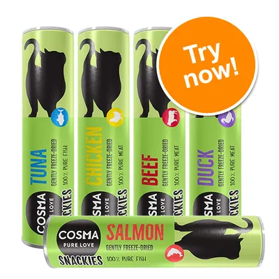 Cosma Pure Love Snackies cat treats, flavours: tuna, chicken, beef, duck, salmon. Gently freeze-dried, 100% pure fish or meat. Orange badge with text: Try now!