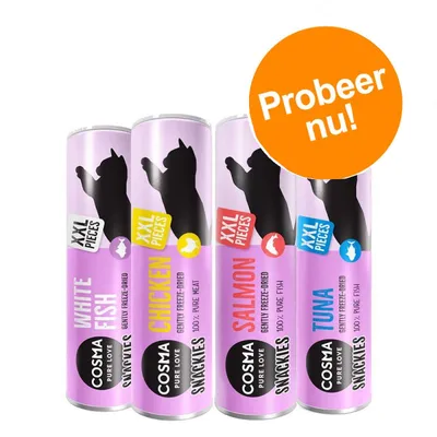 Cosma Pure Love Snacks XXL Pieces: White Fish, Chicken, Salmon, Tuna. Gently freeze-dried, 100% pure vlees of vis. Probeer nu! Cosma Pure Love Snacks XXL Pieces: White Fish, Chicken, Salmon, Tuna. Gently freeze-dried, 100% pure vlees of vis. Probeer nu!