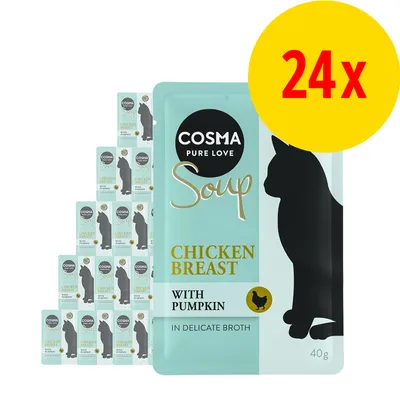 Cosma Pure Love Soup Chicken Breast with Pumpkin, 24 x 40 g annospakkausta. Kissankuvan siluetti pakkauksessa, teksti: in delicate broth.
