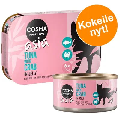 COSMA asia TUNA WITH CRAB IN JELLY kissanruoka, 6 x 170 g. Pakkauksessa ja purkissa teksti: Kokeile nyt! Multi protein. Pure fish & seafood.