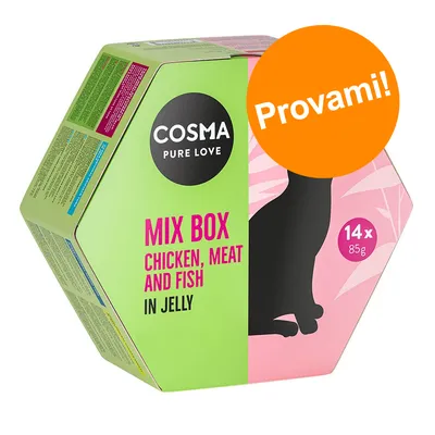 COSMA PURE LOVE Mix Box Chicken, Meat and Fish in Jelly, 14×85g. Testo sull’immagine: Provami!