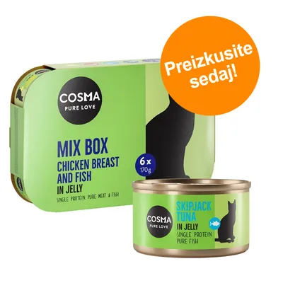 Cosma Pure Love Mix Box, piščančje prsi in riba v želeju, 6×170 g. Ena konzerva: Skipjack Tuna v želeju. Oranžni krog z besedilom: Preizkusite sedaj!