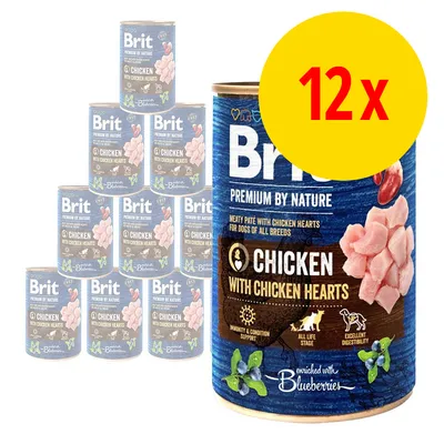 Brit Premium by Nature Chicken with Chicken Hearts, 12x dåser. Tekst: Meaty pate with chicken hearts for dogs of all breeds, enriched with blueberries, excellent digestibility.