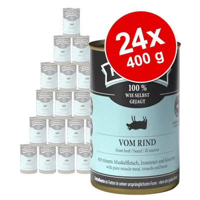 FetteBeute mokré krmivo, 24x400g konzervy, varianta hovězí, 100% jako ulovené, s čistým svalovinou, vnitřnostmi a kostmi.