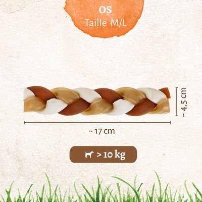 Friandise à mâcher tressée, taille M/L, d'environ 17 cm de long et 4,5 cm d'épaisseur, recommandée pour les chiens de plus de 10 kg.