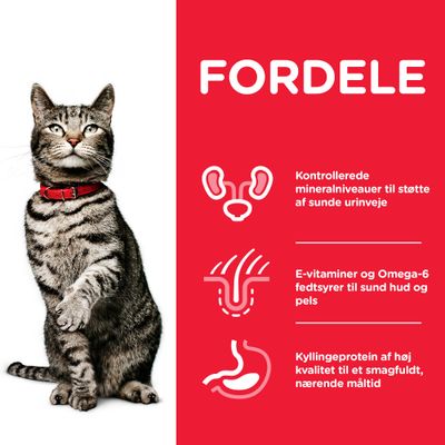 FORDELE: Kontrollerede mineralniveauer til støtte af sunde urinveje, E-vitaminer og Omega-6 fedtsyrer til sund hud og pels, kyllingeprotein af høj kvalitet til et smagfuldt, nærende måltid.