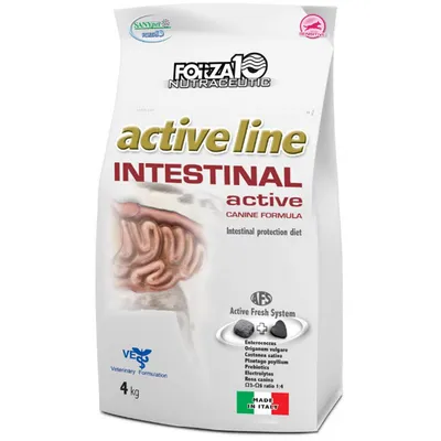 FORZA10 Nutraceutic active line INTESTINAL active Canine Formula, 4 kg. Text: Intestinal protection diet, Active Fresh System, Made in Italy. Bild på tarmar och ingredienslista.