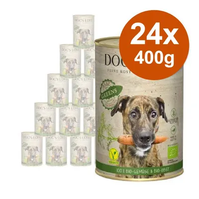 Confezione da 24 lattine DOG'S LOVE Greens, ciascuna da 400 g. Etichetta con cane e carota, testo visibile: '100 % Bio-Gemüse & Bio-Obst', simboli vegan e biologico.