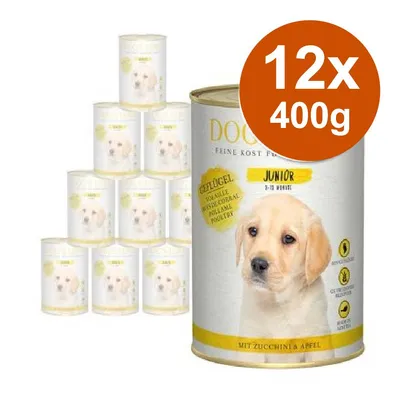 Confezione da 12 lattine da 400 g di cibo per cani DOG, Junior 2–10 mesi, con pollo, zucchine e mela. Testo visibile: 'GEFLÜGEL', 'JUNIOR', 'MIT ZUCCHINI & APFEL'. Confezione da 12 lattine da 400 g di cibo per cani DOG, Junior 2–10 mesi, con pollo, zucchine e mela. Testo visibile: 'GEFLÜGEL', 'JUNIOR', 'MIT ZUCCHINI & APFEL'.