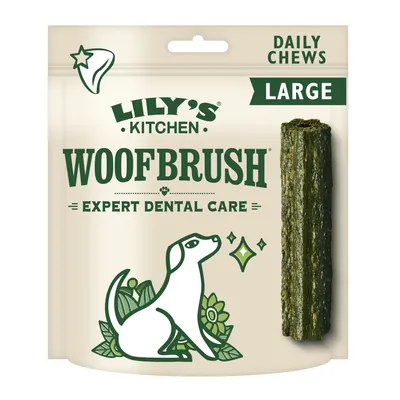 Woofbrush expert dental care daily chews, large size, shown in packaging with one chew visible.