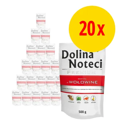 Dolina Noteci Premium bogata w wołowinę, 20 opakowań po 500 g. Widoczne składniki: ryż brązowy, bazylia, marchew, olej lniany. Karma pełnoporcjowa dla dorosłych psów.