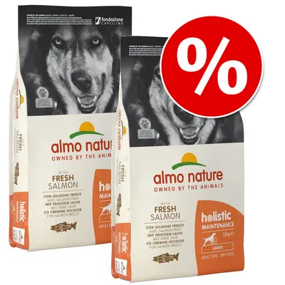 Dwie torby karmy almo nature holistic maintenance z łososiem, widoczne napisy: with fresh salmon, adult dog dry food, duży czerwony symbol procentowy oznaczający promocję. Dwie torby karmy almo nature holistic maintenance z łososiem, widoczne napisy: with fresh salmon, adult dog dry food, duży czerwony symbol procentowy oznaczający promocję.