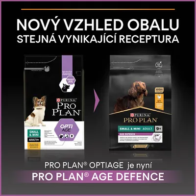 Porovnání starého a nového obalu krmiva Purina Pro Plan Small & Mini Adult 9+, změna názvu z OptiAge na Age Defence, text: Nový vzhled obalu, stejná vynikající receptura.