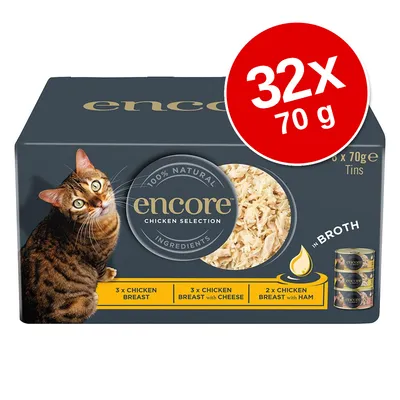 Pachet encore Chicken Selection, 32 x 70 g. Text vizibil: 100% natural ingredients, 3 x chicken breast, 3 x chicken breast with cheese, 2 x chicken breast with ham, in broth. Imagine cu pisică. Pachet encore Chicken Selection, 32 x 70 g. Text vizibil: 100% natural ingredients, 3 x chicken breast, 3 x chicken breast with cheese, 2 x chicken breast with ham, in broth. Imagine cu pisică.