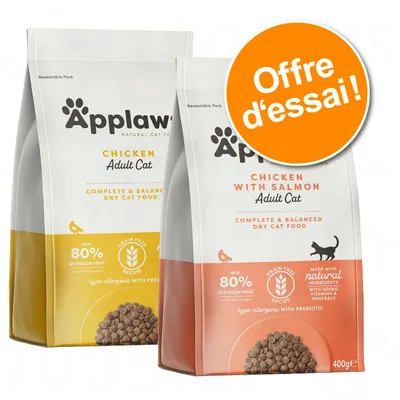Applaws Adult Cat croquettes poulet et poulet-saumon, 400 g, min. 80 % protéines animales, sans céréales, offre d’essai visible sur l’emballage.