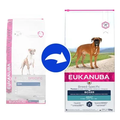 Förpackningsändring av Eukanuba Breed Specific Boxer Adult torrfoder, visar gammal och ny påse med bild på boxerhund och texten 'EUKANUBA' samt 'Breed Specific Boxer Adult'.