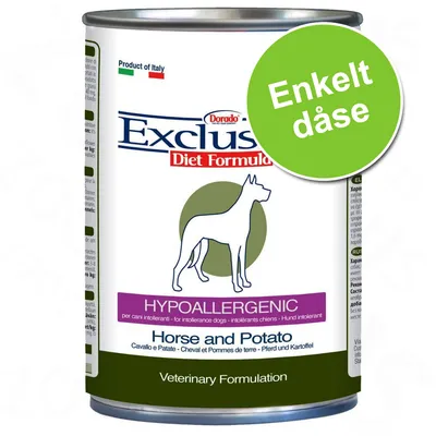 Dorado Exclusive Diet Formula Hypoallergenic Horse and Potato, enkelt dåse. Tekst: Veterinary Formulation, Product of Italy. Illustration af hund på dåsen.
