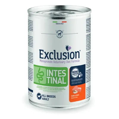 Exclusion Monoprotein Veterinary Diet Formula Intestinal, maiale e riso, per cani adulti di tutte le razze. Testo visibile: Made in Italy, Mono Protein Formula, All Breeds Adult.