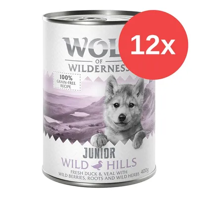 Lata Wolf of Wilderness Junior Wild Hills, 400 g. Texto visible: 100% grain-free recipe, fresh duck & veal with wild berries, roots and wild herbs. Pack de 12 unidades.