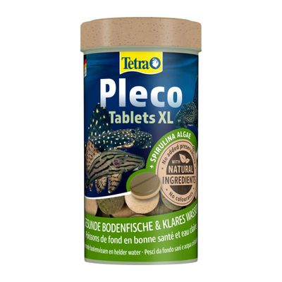 Tetra Pleco Tablets XL med spirulinaalger, naturlige ingredienser, ingen farvestoffer, sunde bundfisk og klart vand.