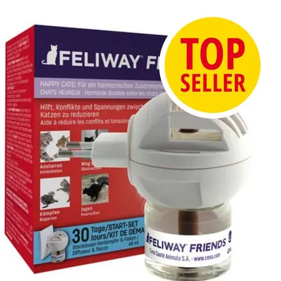 FELIWAY FRIENDS diffusore e flacone 48 ml, confezione con scritte in tedesco e francese, etichetta gialla TOP SELLER, indicato START-SET 30 giorni.