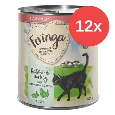 Lata de comida para gatos Feringa Classic Meat Rabbit & Turkey with sea buckthorn & catnip, Adult, 800 g. Paquete de 12 unidades indicado con círculo rojo y texto '12x'.