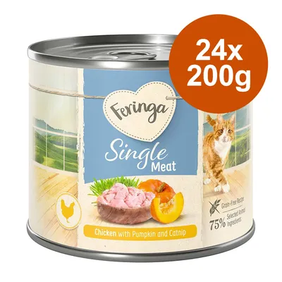 Feringa Single Meat Chicken with Pumpkin and Catnip, 24×200 g. Na etykiecie kot, kurczak, dynia, trawa. Napis: Grain-Free Recipe, 75% Selected Animal Ingredients.