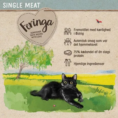 Feringa. Homemade taste begins with love. Fremstillet med kærlighed i Østrig, autentisk smag som var det hjemmelavet, 75 % kødandel af én slags protein, hjemlige ingredienser.