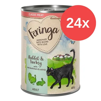 Feringa Classic Meat, Rabbit & Turkey with sea buckthorn & catnip, ADULT, 400 g. Immagine di una confezione con un gatto nero e simbolo rosso '24x' in alto a destra.