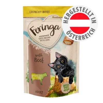 Feringa Crunchy Bites with Beef, Adult, grain free recipe, Homemade taste begins with love, Hergestellt in Österreich, 30g Packung mit schwarzer Katze abgebildet.