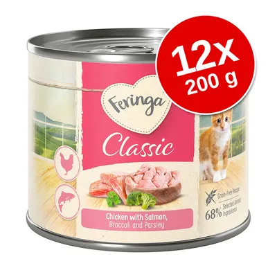Feringa Classic, 12x200 g. Chicken with Salmon, Broccoli and Parsley. 68% Selected Animal Ingredients, Grain-Free Recipe. Imagine cu pisică și ingrediente vizibile pe ambalaj.