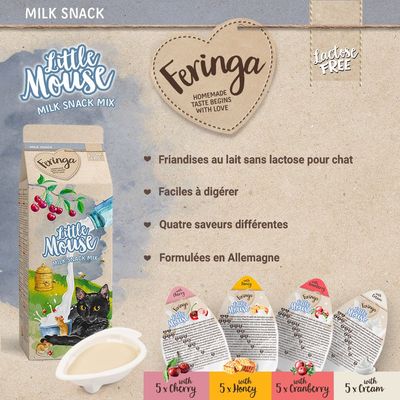 Feringa Little Mouse Milk Snack Mix, friandises au lait sans lactose pour chat, quatre saveurs : cerise, miel, cranberry, crème. Faciles à digérer, formulées en Allemagne.