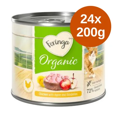 Feringa Organic kattenvoer, Chicken with Apple and Dandelion, 24x200g. Tekst: graanvrij recept, geselecteerde dierlijke ingrediënten 72%.